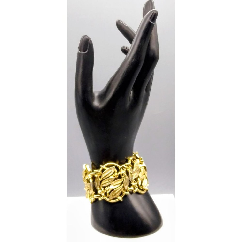 Ornate Leaves Panel Bracelet, Vintage Gold Tone Mid Century Wide Bangle